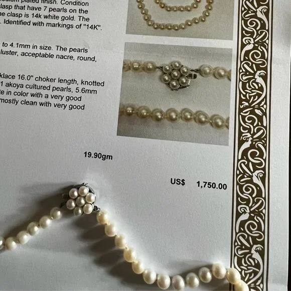 14k wht gold white Akoya pearl 16” choker necklace w/flower clasp, appraised